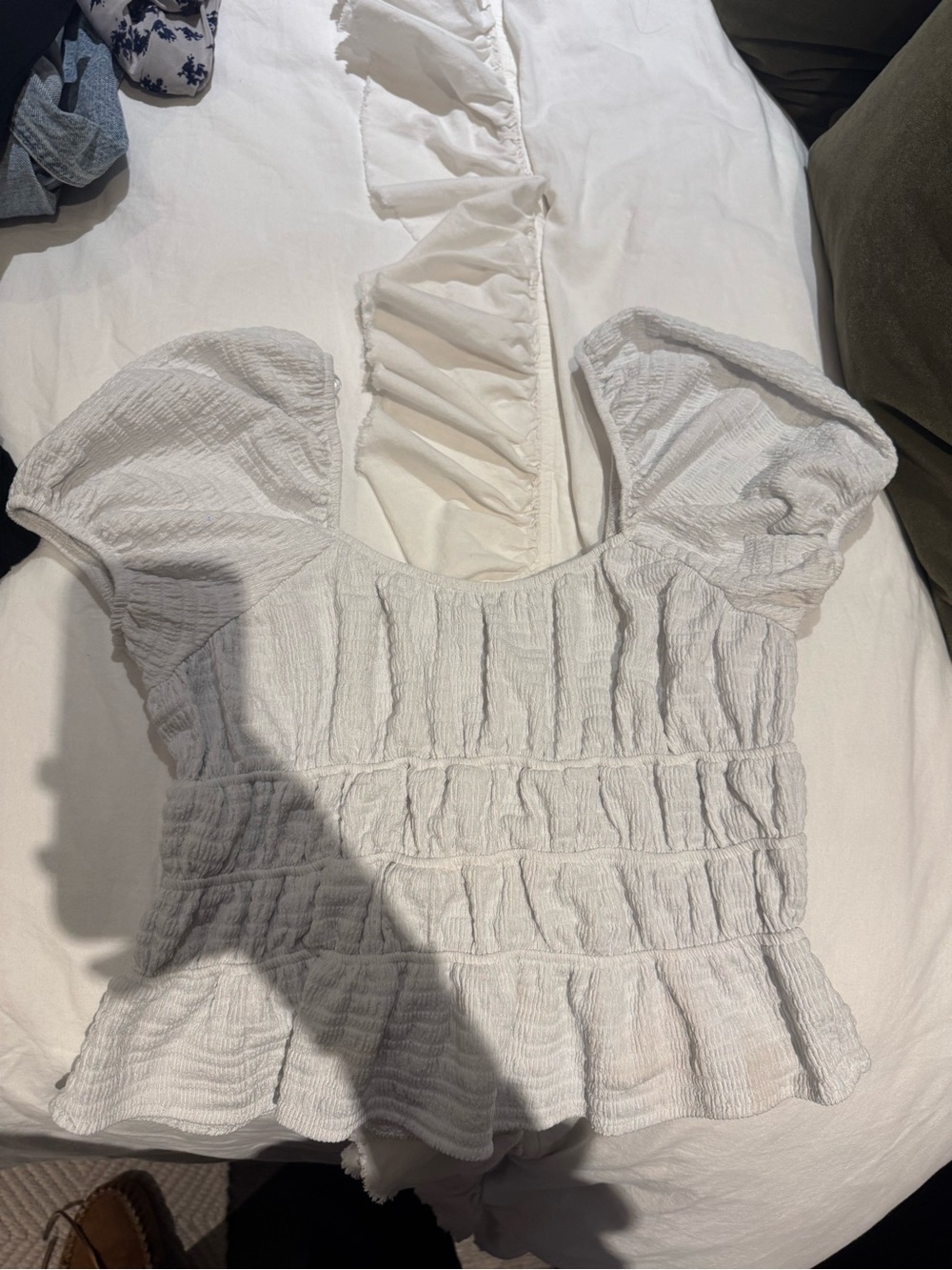 Francesca's Collections White Smocked Puff Sleeve Peplum Top